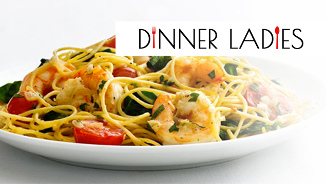 dinner ladies logo - plate of prawn & tomato pasta with text "dinner ladies" (fork and spoon substituting for i's)