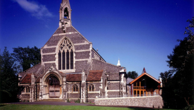 external photo of front church/watney room against clear blue sky