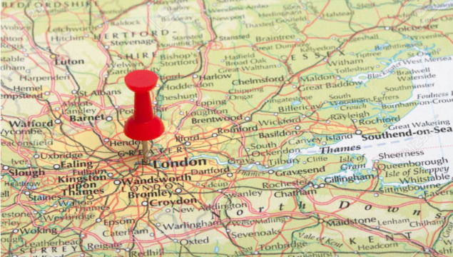 road map of UK zoomed-in to London/SE/Croydon - with red pin stuck into London